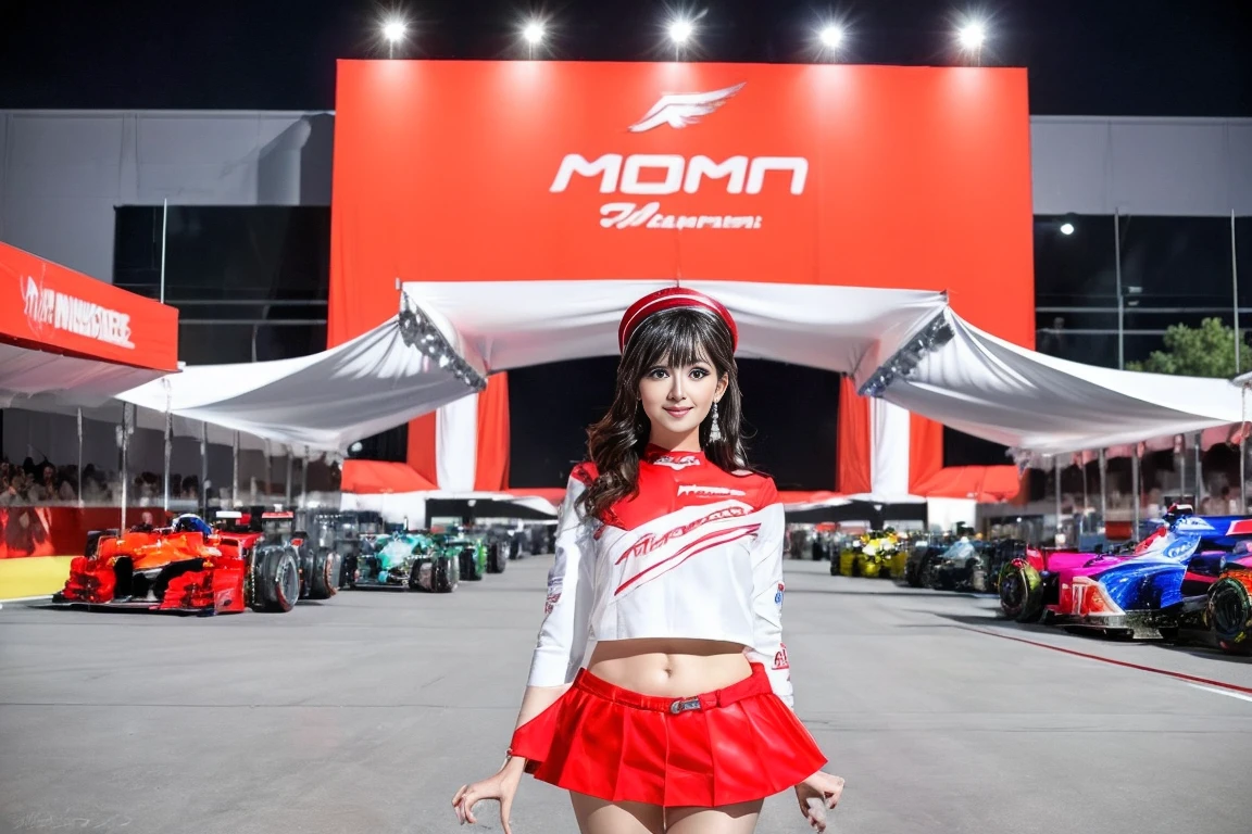 (masterpiece), ( MotoGP Racing Girls), (eyeliner:0.5),(blush:0.5), Black Hair, A faint smile, beautifully繊細な少女を指す, Highly detailed eyes and face, beautifully繊細な目, , ((Event List)), (MotoGP track background), (Highest quality, High resolution, reality, original, 8k,masterpiece, ),(((Dynamic pose))),(((Center Perspective))),(((Show the underside of the chest ))),(((Red miniskirt lift))),(((Bare inner thighs))),(((F1 cars on display))), (Vibrant colors:1.2), (beautifully),