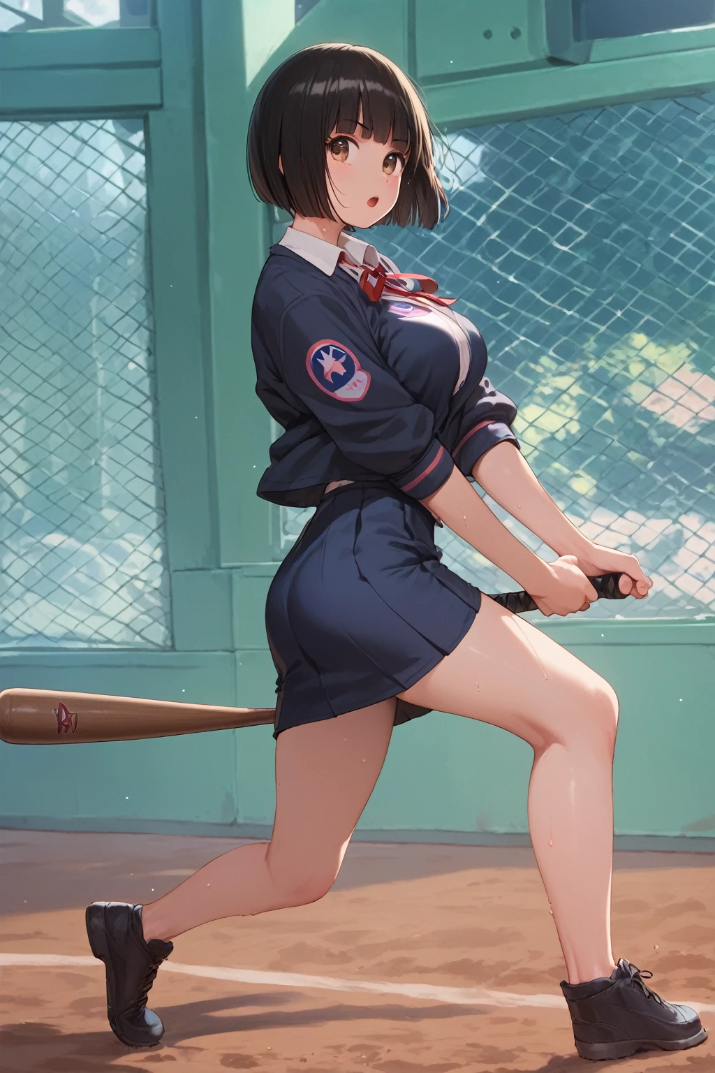 score_9,score_8_up,score_7_up,masterpiece,best quality, source anime, realistic, super detailed, extreme detailed, rating_safe,
1girl, batting\(baseball\), Swinging Bat\(baseball\), from side, 
BREAK girl, 22yo, short hair, bob cut, (blunt bangs), black hair, (tareme, detailed cute brown eyes), curled eyelashes, (large breasts:0.9), 
shiny hair, beautiful detailed eyes, beautiful face,
slender, small ass, slim legs,
white collared shirt, black jacket, black tight mini skirt, pumps, helmet\(baseball\),
serious, open mouth, :O, (sweat),
Batting Center
