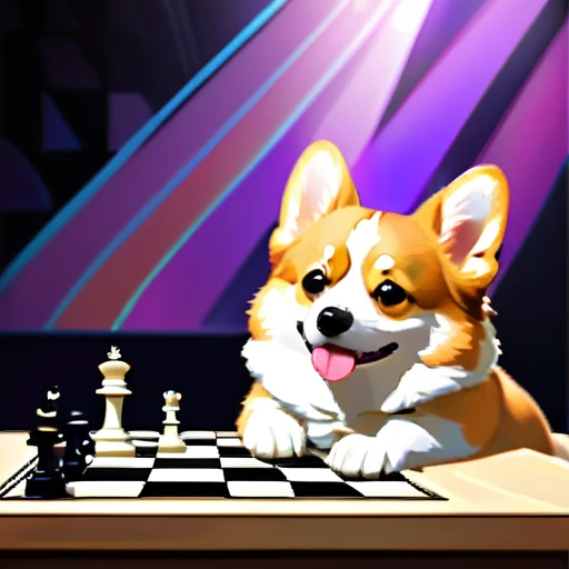 psychedelicstyle magic beamMake me a photo of cute corgi and cute cat playing chess.