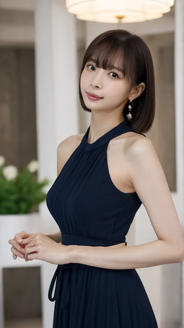 A highly realistic, 8K photo of a beautiful woman named Miho, 38 years old but looks like she is in her late 20s. She has shoulder-length, shiny black hair styled in a straight, semi-long cut with side-swept bangs. She is wearing an elegant dark blue dress that highlights her slim, curvaceous figure with a cinched waist and long legs. She accessorizes with simple yet tasteful jewelry. Miho has a confident and warm demeanor, fitting her mature, yet youthful appearance. She is depicted in a welcoming and elegant manner, standing in a refined indoor setting with natural lighting and soft background elements.