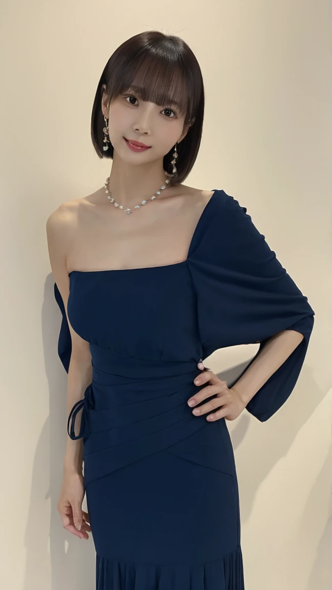 A highly realistic, 8K photo of a beautiful woman named Miho, 38 years old but looks like she is in her late 20s. She has shoulder-length, shiny black hair styled in a straight, semi-long cut with side-swept bangs. She is wearing an elegant dark blue dress that highlights her slim, curvaceous figure with a cinched waist and long legs. She accessorizes with simple yet tasteful jewelry. Miho has a confident and warm demeanor, fitting her mature, yet youthful appearance. She is depicted in a welcoming and elegant manner, standing in a refined indoor setting with natural lighting and soft background elements.