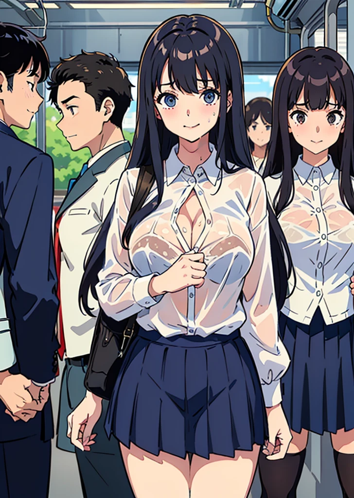 ((3 High school girls standing in a row、tits、Big Breasts、See-through nipples、Cleavage、White shirt、Navy micro pleated mini skirt、Thighs、Black Hair、crowded train、Molester、Highest quality、titsをくっつける、Sweat、Drooling、Lewd smile、Emphasize your smile、titsを強調))