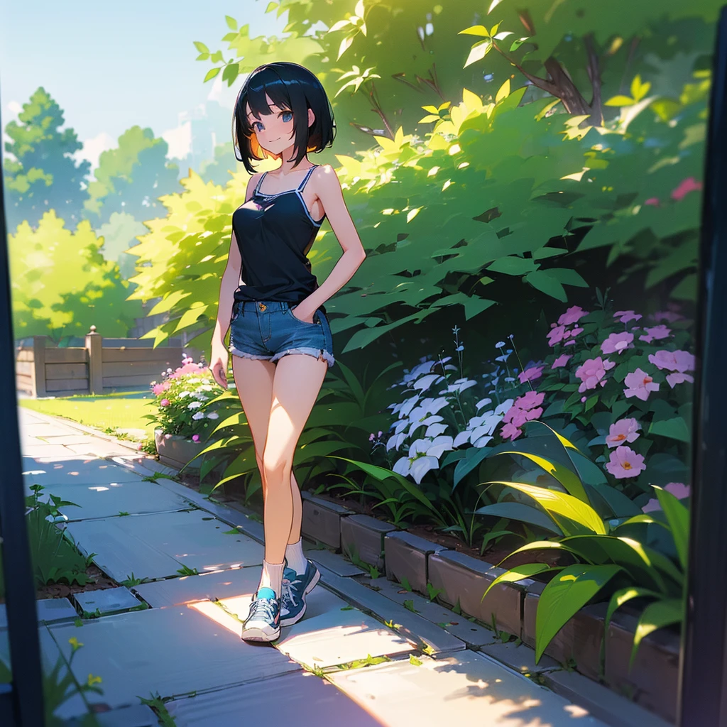 (high quality, High resolution, Very detailed, reality:1.37), Peaceful atmosphere, (Outdoor, garden), Teenage girl standing alone, (my breasts are big.), Beautiful details, Cute Smile, (Black bob hair), camisole, Denim shorts, Blue socks, sneakers.