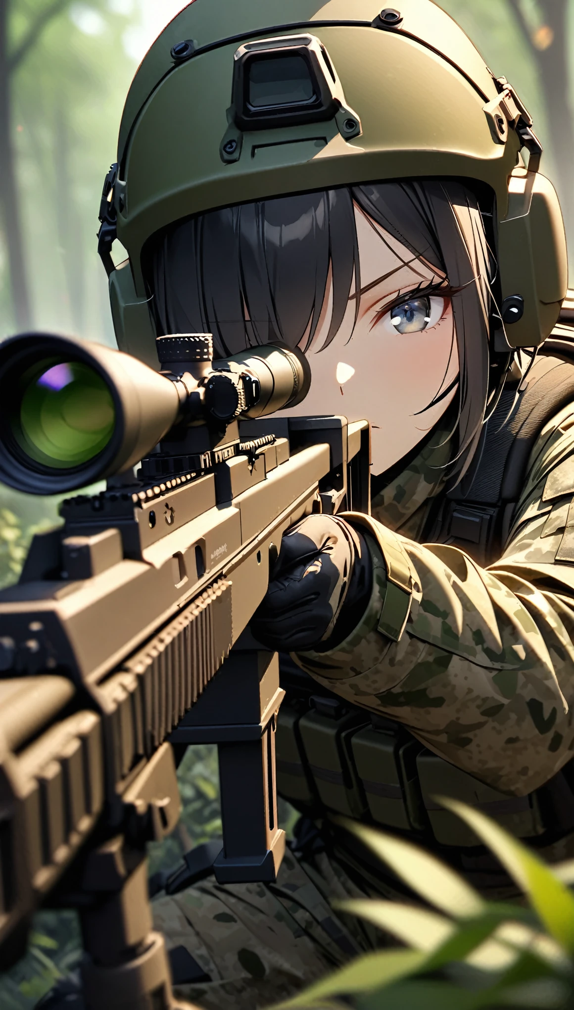 (masterpiece),(Highest quality),(High resolution),(Very detailed),8k,壁紙一人のwoman,woman,Japanese,Black Hair,Short Bob,(Beautiful Eyes,Long eyelashes,Beautiful Hair,Beautiful Skin),Serious,BREAK(((aim at something with a sniper rifle:1.5))),((Look through the scope and take aim:1.3))((lie down:1.3)),((Close one eye:1.3)),((Sniper Rifle)),army camouflage uniform,Bulletproof vest, Combat Boots,Tactical Forster,Tactical Headset,Tactical Helmet,(The background is a dense forest),(((Background Blur))),(dynamic)
