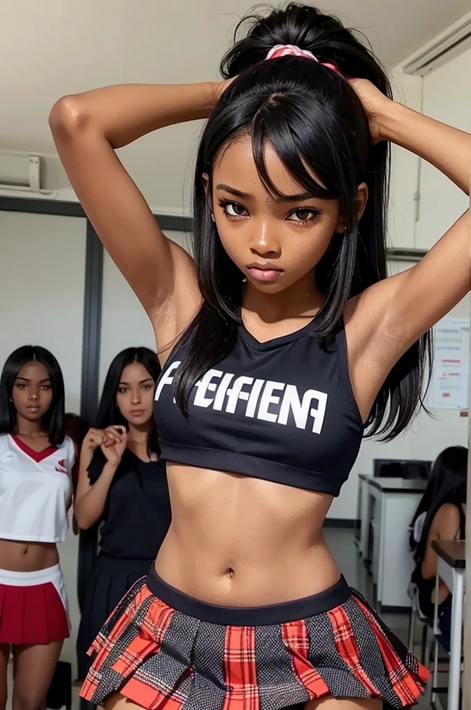 1 hot girl, dark skin, black eyes, ahegao, african, long hair, school girl, young , small breasts, navel, exposing clothes, cheerleader, hand behind head, armpits, tight body, big lips