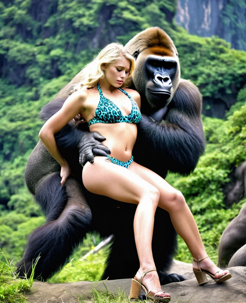 A Limp fainted sleepy blonde leopard bikini cavewoman being carried by giant gorilla in his arms cradling her nsfw