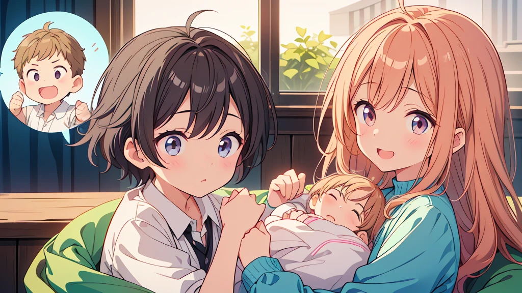 (((Mother and son、My son is a newborn baby。)))、((Highest quality、masterpiece、Official Art、Best dynamic composition))、母はうまれたばかりの赤ちゃんの頬をhappinessそうに撫でています。、Heartwarming、happiness、A glittering world、Upper body close-up、