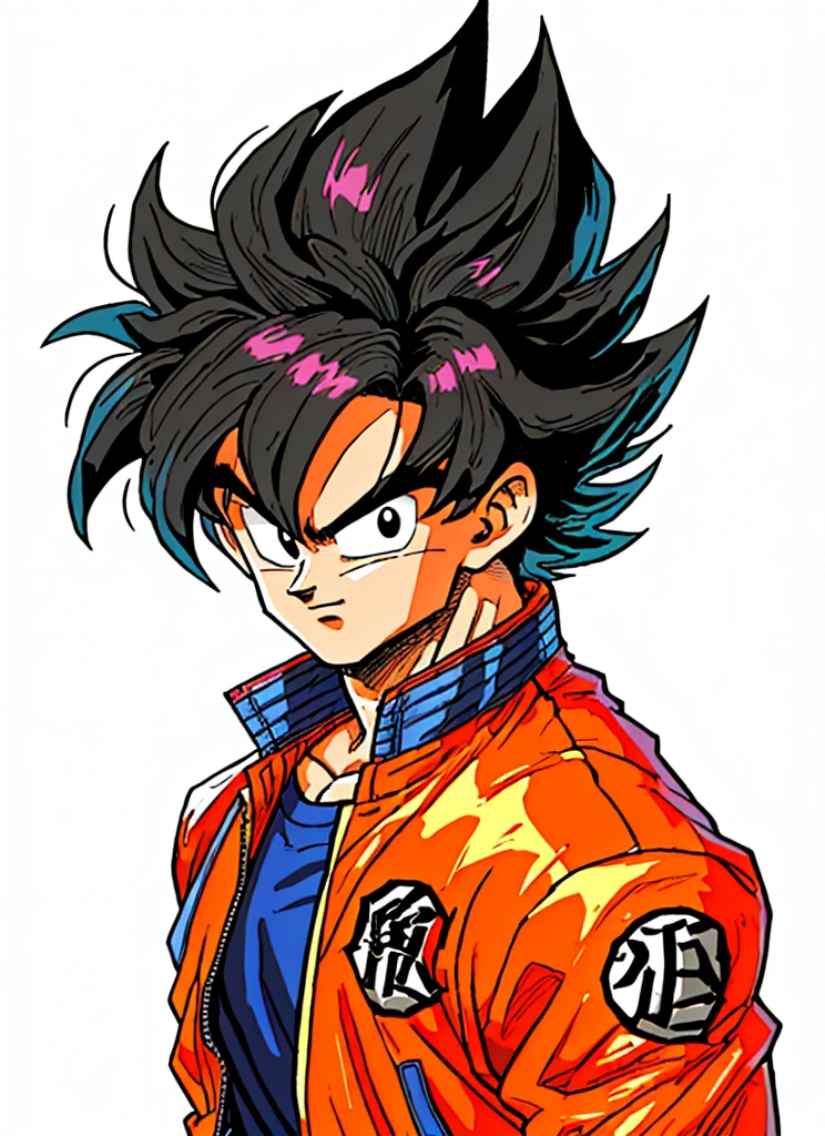 1man, solo, (masterpiece), best quality, ultra-detailed, Son Goku from Dragon Ball Z, black hair, Retro style, full body. fashion cloth, blue jacket, orange shirt, fancy, portrait, upper body, face detail, eyes detail: 1.3, simple background, black eyes, orange shirt,(white background)