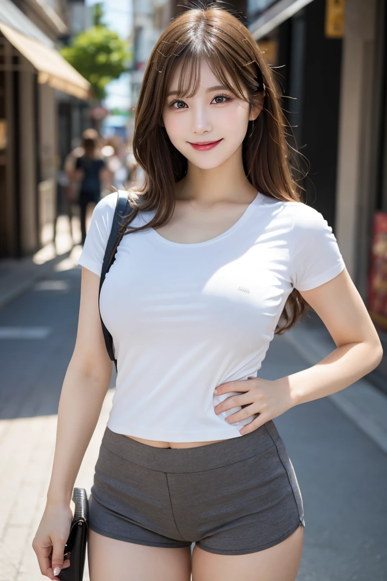 Shopping street: Sexy tight shirt and shorts showing nipples, Highest quality, shape, Very detailed, In detail, High resolution, 8k wallpaper, Perfect dynamic composition, Beautiful details,  Natural Lip, Tight T-shirt that clearly shows the nipples Nipples are clearly visible, Big Breasts, 胸の谷間 乳首のshapeが浮いている, She is smiling in a cute pose.., A masterpiece of the whole body, Side Short