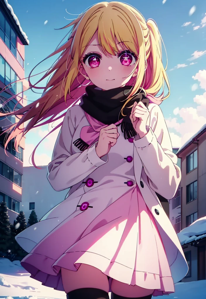 rubyhoshino, Ruby Hoshino, Long Hair, bangs, blonde, (Pink Eyes:1.3), (Symbol-shaped pupil:1.5), Multicolored Hair, Two-tone hair, smile,white breath,Knitted hat,Purple scarf,Red long coat,Long skirt,Black Pantyhose,short boots,snow,snow,snow,snow,snowが積もっています,snowが降る,whole bodyがイラスト入るように,Hide in a roofed building,
break outdoors, Area,
break looking at viewer, whole body,
break (masterpiece:1.2), Highest quality, High resolution, unity 8k wallpaper, (shape:0.8), (Beautiful attention to detail:1.6), Highly detailed face, Perfect lighting, Highly detailed CG, (Perfect hands, Perfect Anatomy),