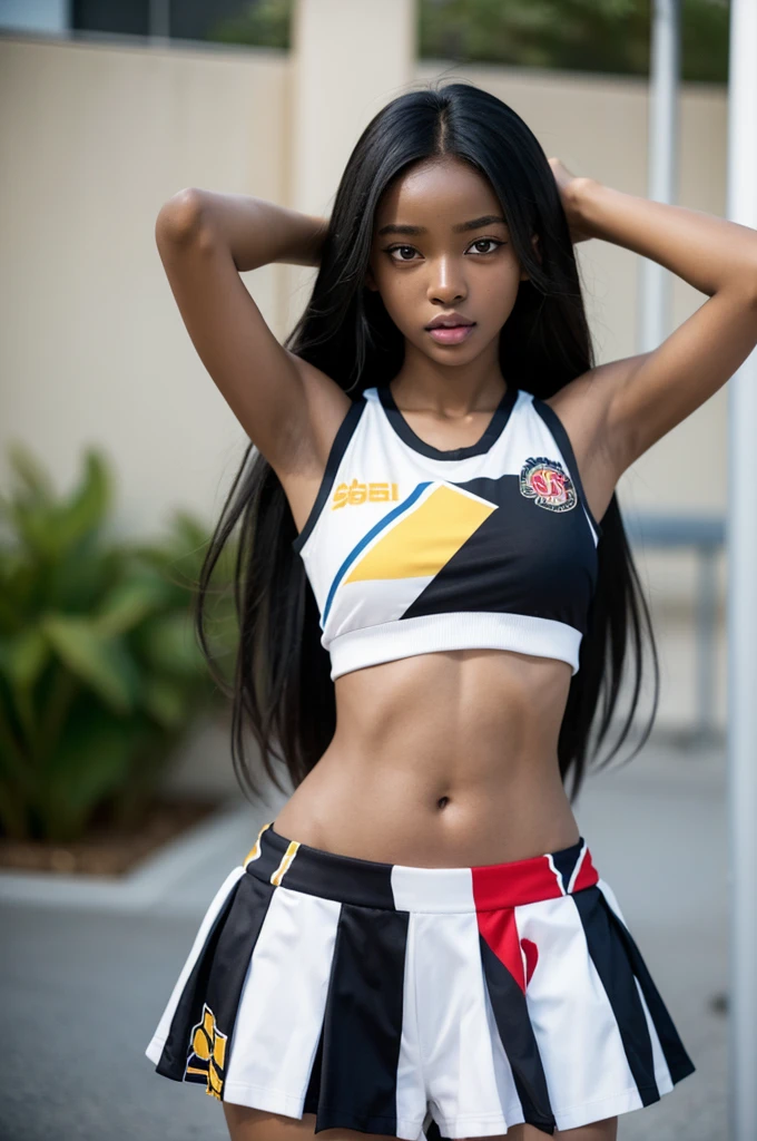 1 hot girl, dark skin, black eyes, ahegao, african, long hair, school girl, , small breasts, navel, exposing clothes, cheerleader, hand behind head, armpits, tight body, big lips