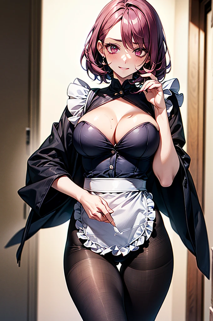 Masterpiece,Highest quality,8k,Ultra-high resolution,appropriate margins,lighting,BREAK,1 person,Very beautiful adult woman with Japan,Slim body,Very ample large breasts,Deep cleavage,Moisturized Skin,BREAK,Purple Hair,Hair ties,short hair,unkempt,(No bangs),(Show your forehead),mascara,Eyeliner,Light pink lip,Thin teak,Thick upper eyelashes,Thin eyebrows,BREAK,Pale pink eyes,BREAK,Shy smile,BREAK,((Maid clothes,White tights)),Soaking wet,Sexy pose