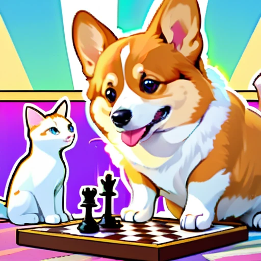 psychedelicstyle magic beamMake me a photo of cute corgi and cute cat playing chess.