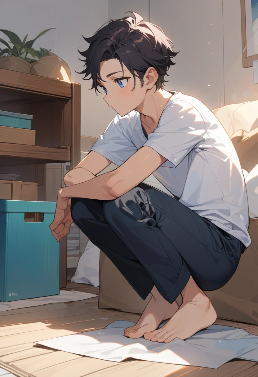 masterpiece, best quality, extremely detailed, ultra detailed, flat anime, 2D, ((1boy)),black hair, (short hair:1.5),blue eyes, height 1.7meters, (circle eyes:1.2), (young adult:1.2), Ear-length sideburns, long Sleeves, White T-shirt, barefoot, ((short sleeves)), ((long pants)), squatting, open mouth, summer, 12AM, livingroom,organizing the boxes., ((portrait)),full body,expressionless
