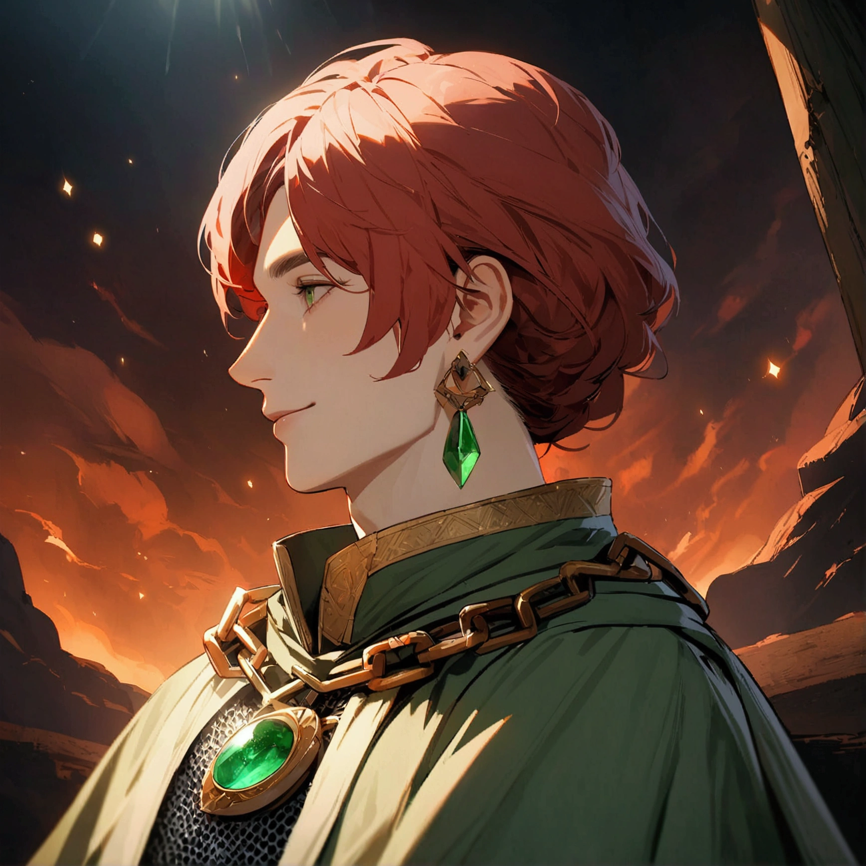 Male, strong and robust body, long red hair, green eyes, chain mail, green earrings, solar amulet, cleric's robe, calm expression, calm smile "dnd character portrait, insanely detailed, 4k resolution, high octane rendering, boasting high resolution clarity, magical and intricate backgrounds, dramatic and stunning lighting, full of creative details, profile picture, in the style of disco elysium –s 750 –v 5.1"
