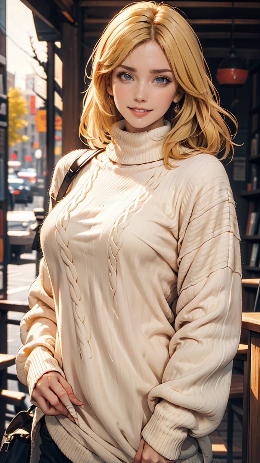 Portrait of blonde haired model woman wearing warm designer high neck sweater, In the style of branded clothing, The sweater is completely visible, Panasonic GH5, Happy expression, A modest image, Sharp Texture - Image #2 @Slenslen、24-year-old woman、Sexy proportionature female body、Sexy proportionakeup、Textured skin((textured skin))、smile、Narrow waist、Inner Color((colored inner hair))、Vertical roll on one side((side drill))、Background blur((depth of field))、Aerial perspective((atmospheric perspective))