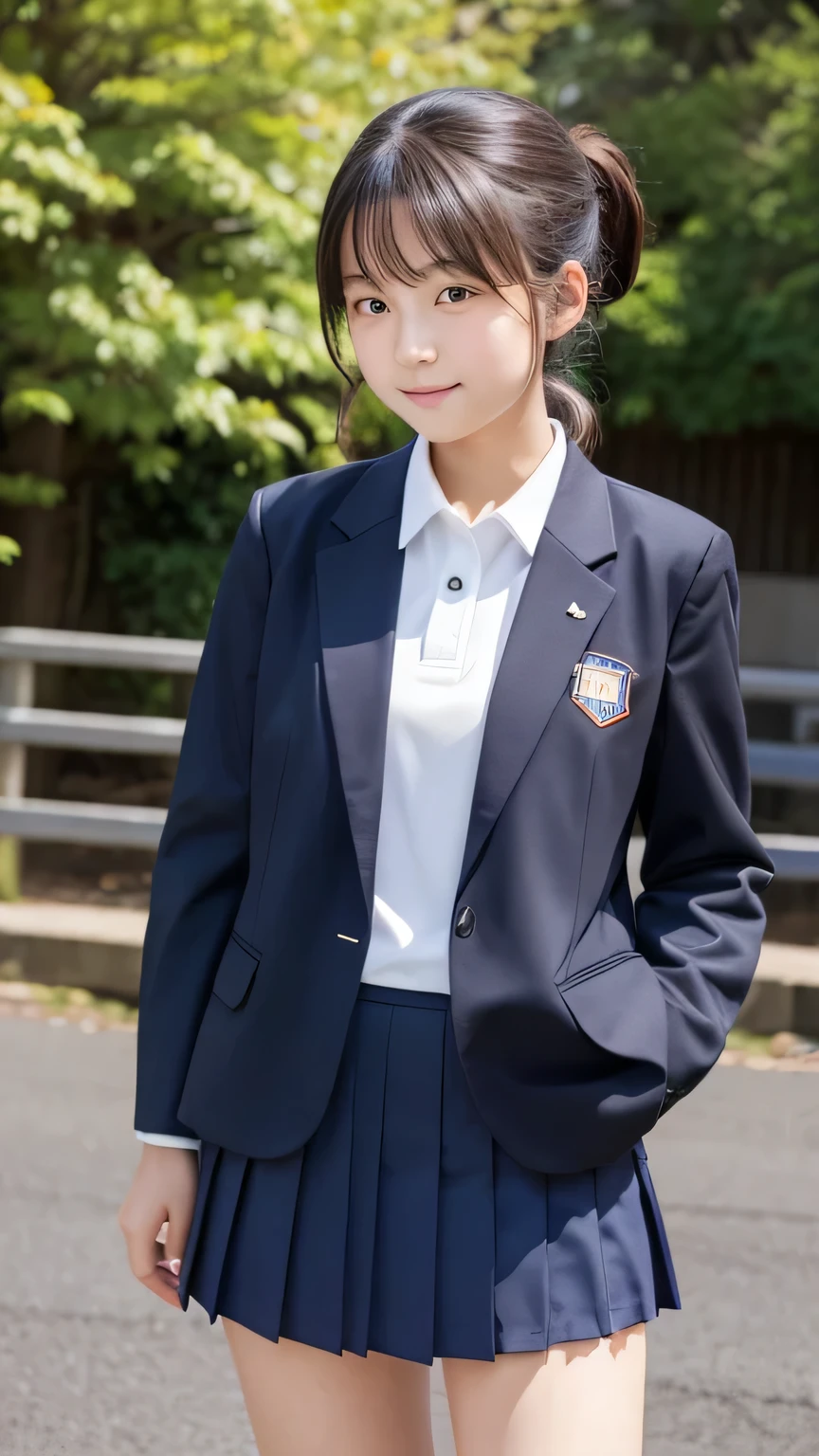 (masterpiece:1.2), Japanese, (18 years old), (((a girl))), (school blazer uniform), collared shirt, outdoor, plump, sunshine, 
