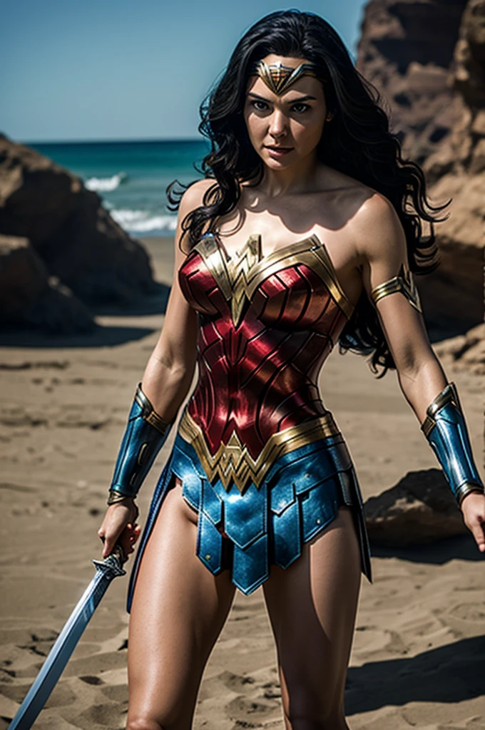 Wonder Woman in a bikini holding a sword