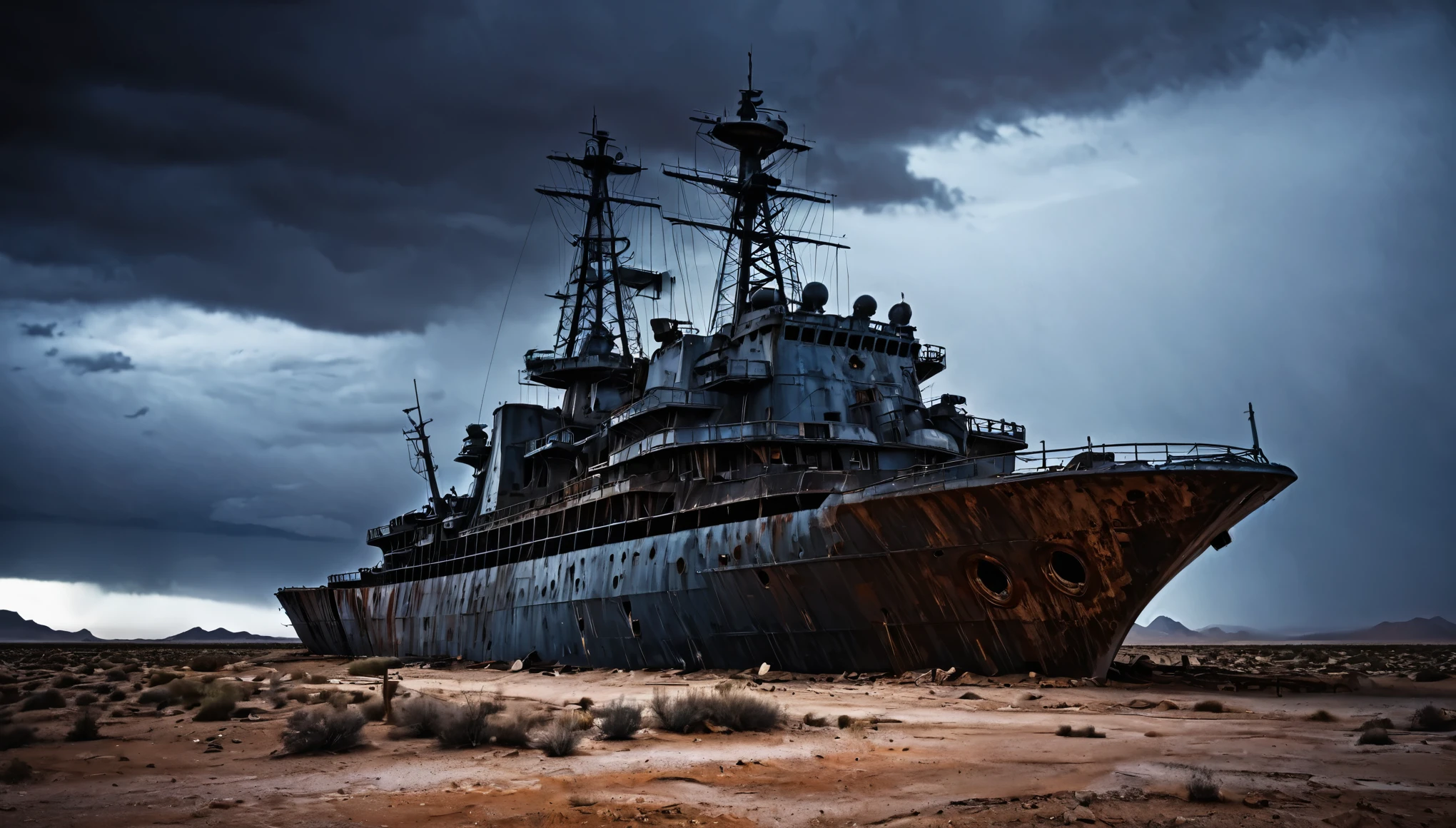 rusty big warship abandoned post apocalyptic night desert dark cloudy