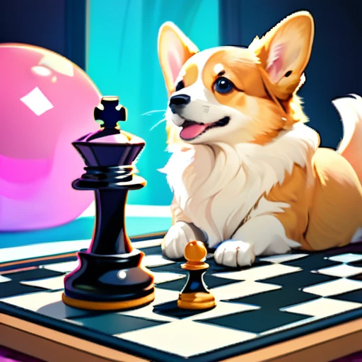 psychedelicstyle magic beamMake me a photo of cute corgi and cute cat playing chess.