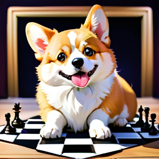 psychedelicstyle magic beamMake me a photo of cute corgi and cute cat playing chess.