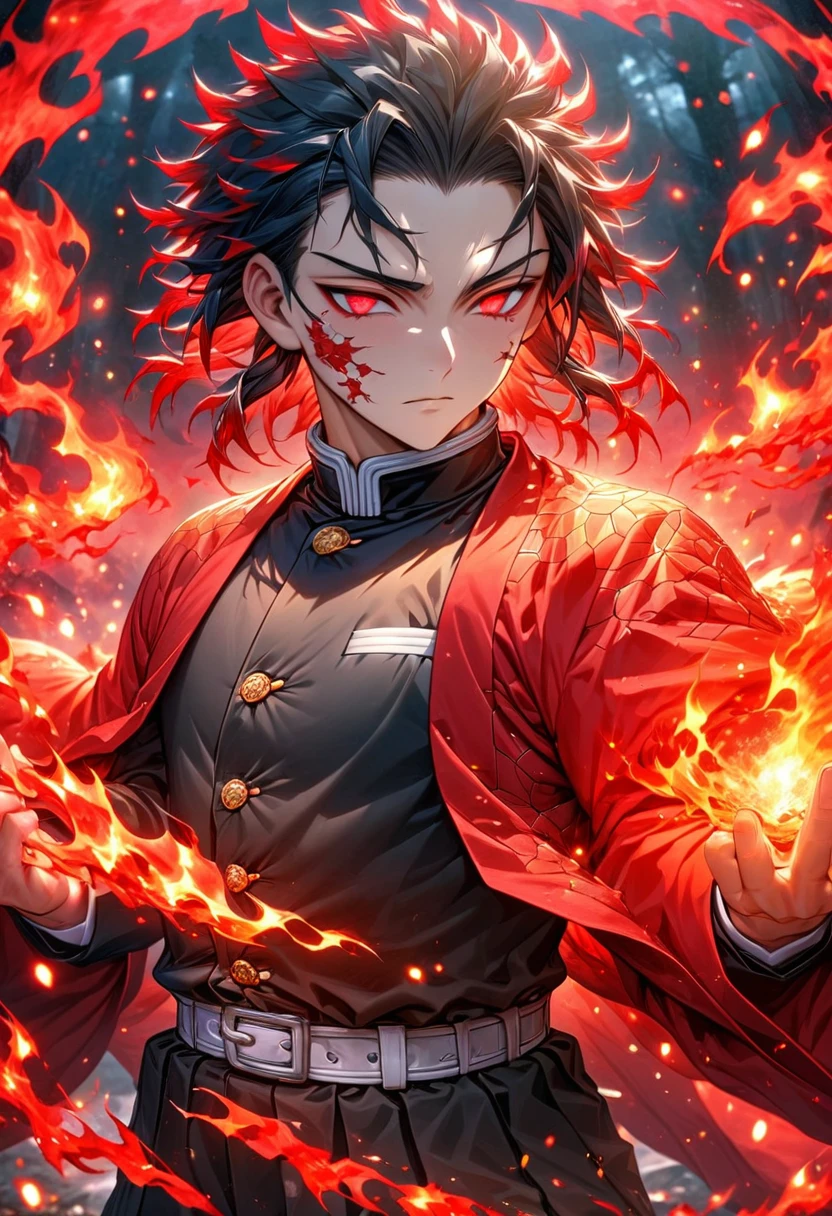 Ultra detailed, highres, absurdres, HDR, master piece, male demon slayer, medium length black hair, expressive red eyes, red sleevless haori, black demon slayer uniform, Kimetsu No Yaiba, fantasy, handsome, sexy man, solo, magic, shining red fireflies, best quality, extremely detailed face and eyes, fire, red moon