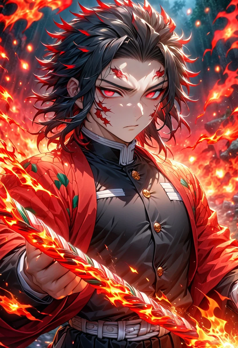 Ultra detailed, highres, absurdres, HDR, master piece, male demon slayer, medium length black hair, expressive red eyes, red sleevless haori, black demon slayer uniform, Kimetsu No Yaiba, fantasy, handsome, sexy man, solo, magic, shining red fireflies, best quality, extremely detailed face and eyes, fire, red moon