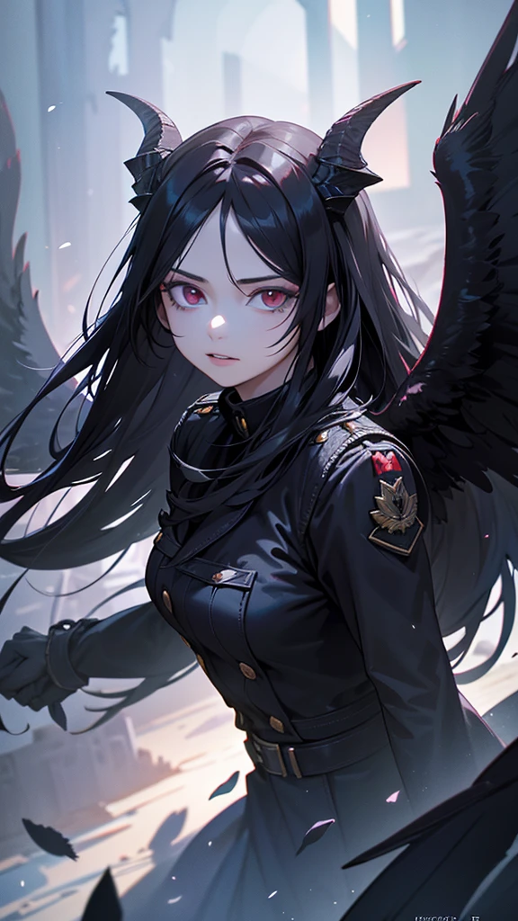 a young woman of 18 years old, wearing military uniform, long black hair, red eyes, demonic horns, demonic wings, dilapidated church, many black feathers floating, gothic, fantasy, cinematic lighting, dark, (best quality,4k,8k,highres,masterpiece:1.2),ultra-detailed,(realistic,photorealistic,photo-realistic:1.37),extremely detailed eyes and face,longeyelashes,professional,vivid colors, High angle