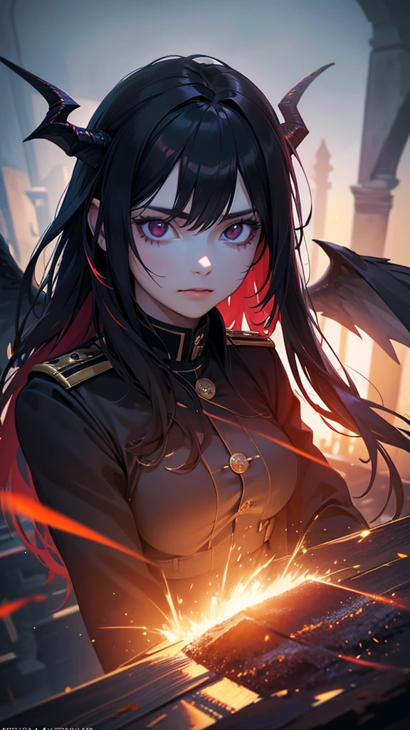 a young woman of 18 years old, wearing military uniform, long black hair, red eyes, demonic horns, demonic wings, dilapidated church, many black feathers floating, gothic, fantasy, cinematic lighting, dark, (best quality,4k,8k,highres,masterpiece:1.2),ultra-detailed,(realistic,photorealistic,photo-realistic:1.37),extremely detailed eyes and face,longeyelashes,professional,vivid colors, High angle