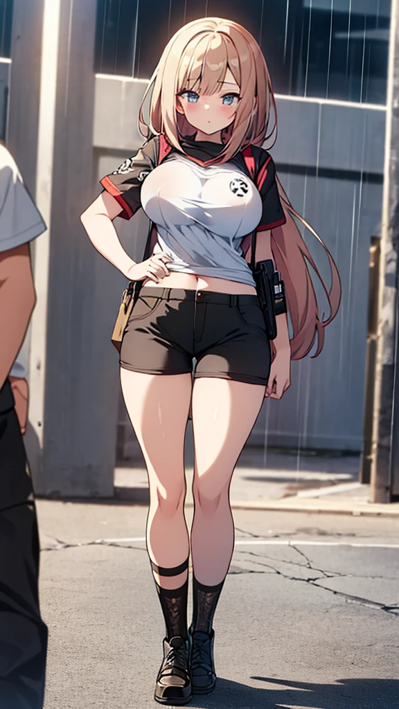 Full body image, front, One girl, 18-year-old, Mix 4, (32K, RAW Photos, Highest quality, masterpiece:1.2), (Anime-like, photoAnime-like:1.37), cute, Short sleeve T-shirt,Shorts,Black knee socks, night, rain, Humidity, Professional Lighting, Photon Mapping, Radio City, Physically Based Rendering, Super Resolution, (Big Breasts:1.2), {{The biological weapon that had preyed on the younger sister took her place and reunited with the older brother, The rebellious little sister has become the obedient little sister}}, Girl Skull, whole body, NSFW
