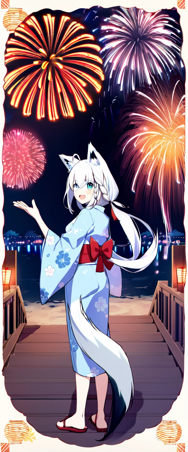 one girl, Shirakami Fubuki, fox ears, white hair, yukata, beautiful, cute, fireworks, Japanese summer festival, look back on me, happy, full body, wave hands at me