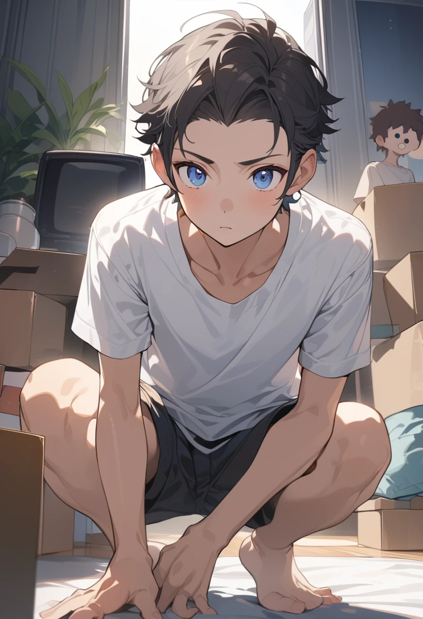 masterpiece, best quality, extremely detailed, ultra detailed, flat anime, 2D, ((1boy)),black hair, (short hair:1.5),blue eyes, height 1.7meters, (circle eyes:1.2), (young adult:1.2), Ear-length sideburns, long Sleeves, White T-shirt, barefoot, ((short sleeves)), ((long pants)), squatting, open mouth, summer, 12AM, livingroom,organizing the boxes., ((portrait)),full body,expressionless