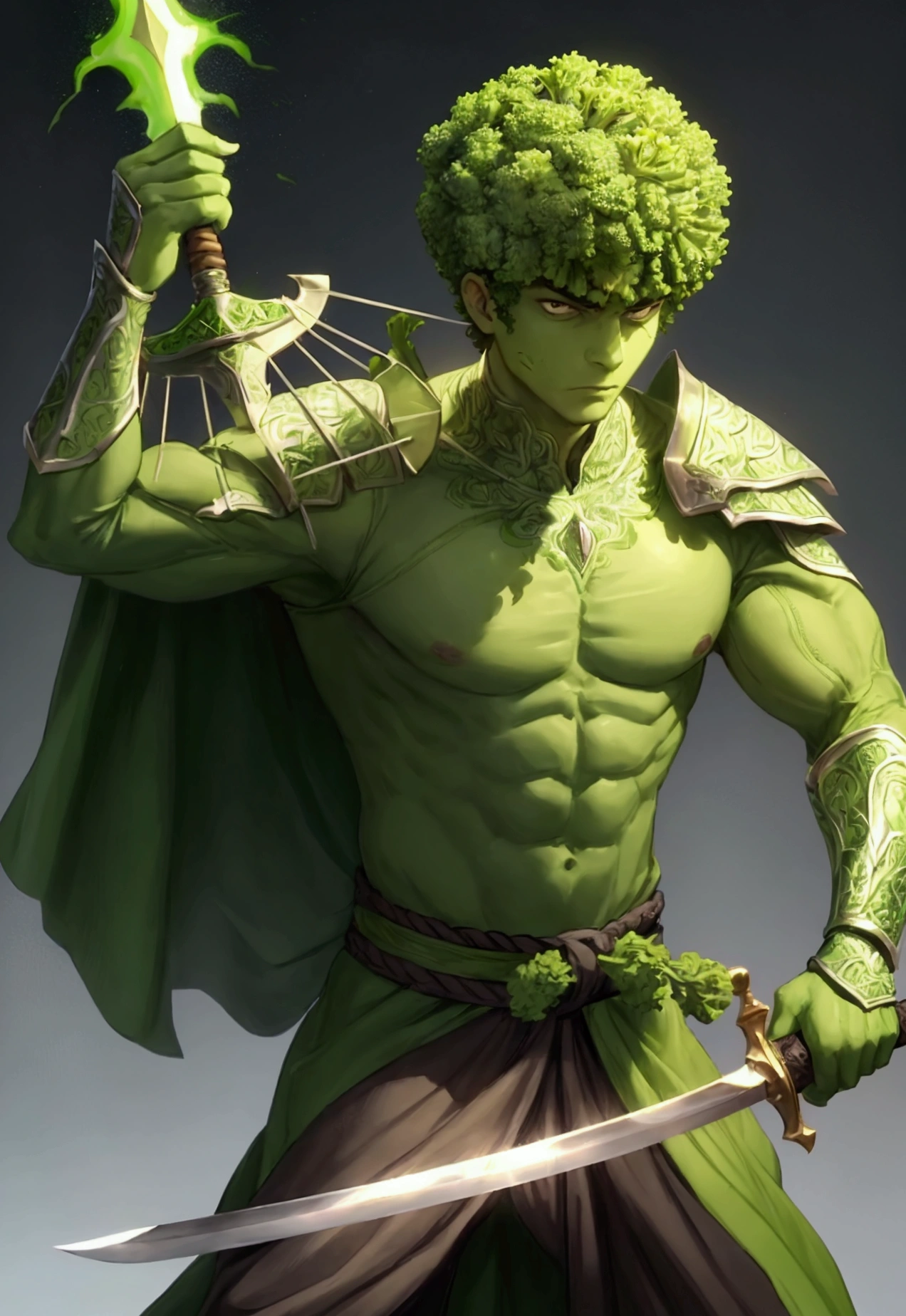 A man wrapped entirely in green broccoli,Skin color is green,Broccoli growing from head,The face is green,(Swinging a sword),cool,Holding broccoli,Broccoli Armor,Hero,A face full of anger,Hero,Handsome,Beautiful Youth,