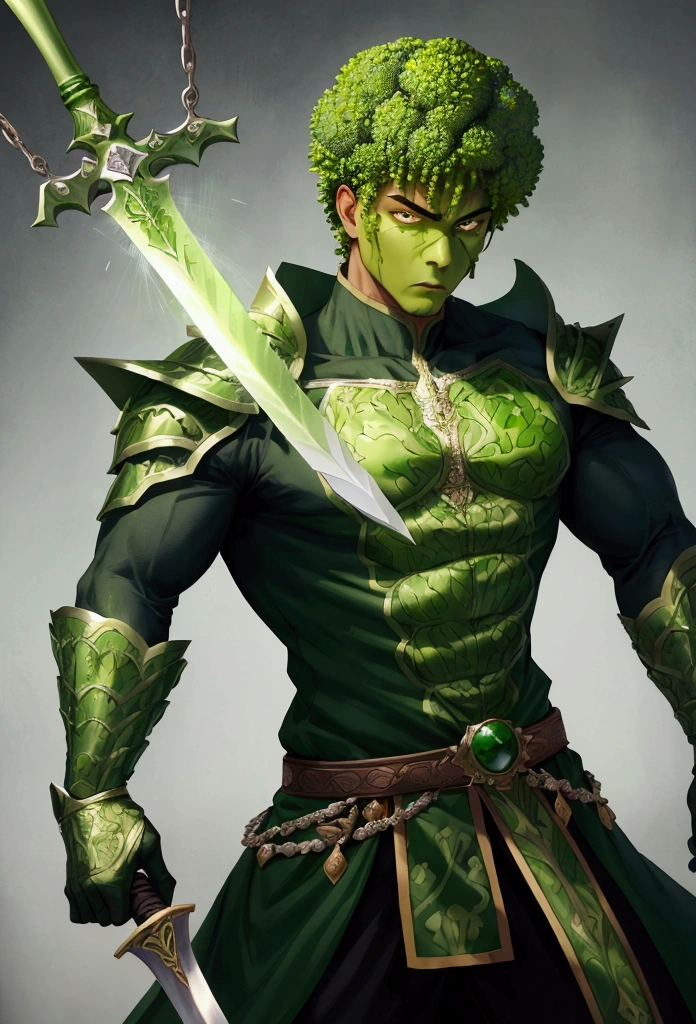 A man wrapped entirely in green broccoli,Skin color is green,Broccoli growing from head,The face is green,(Swinging a sword),cool,Holding broccoli,Broccoli Armor,Hero,A face full of anger,Hero,Handsome,Beautiful Youth,