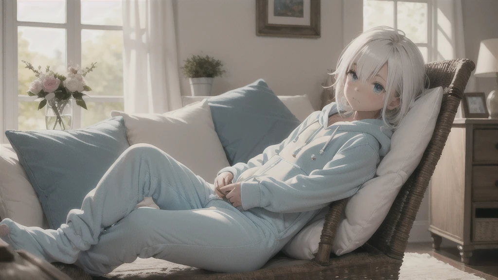 an anime image of a small boy with white hair wearing a thick diaper underneath fox hoodie-footie pjs, hoodie-footie pjs, sleeping in a crib, (indoors), nursery, (1boy), adorable, masterpiece, extremely detailed, beautiful eyes, sharp focus, vivid colors, studio lighting, intricate details, soft textures, cozy atmosphere, high quality, hood down,
