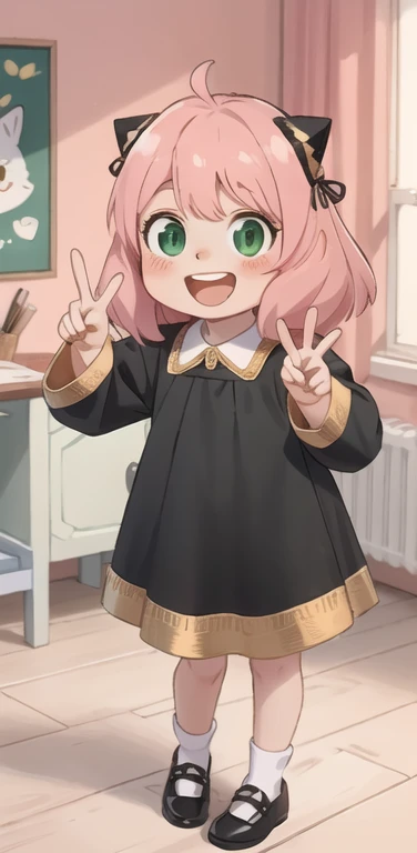 1girl, Pink hair, green eyes, smiling expression, blushing cheeks, black dress with white collar, black and gold cat ears headband, indoors, desk, standing, (child:1.5), looking at the viewer, making a peace sign with right hand, open mouth