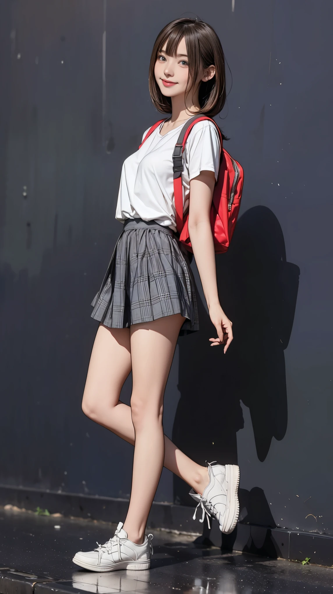 ((masterpiece)),(((Highest quality))),Thin thighs,Long legs,An 18-year-old high school girl standing on the school steps,Blouse with short sleeves:1.5,Blue and red plaid mini skirt:1.5,The best smile,White panties:1.5,Short-cut blonde:1.5,short side wave,Carrying a black backpack,Wearing sneakers:1.5,Lift one leg to show off your panties:1.5,