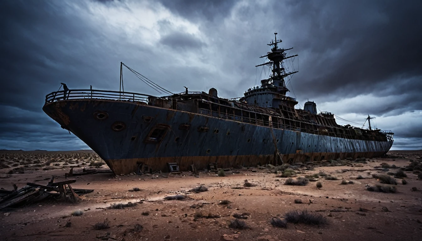 rusty big warship abandoned post apocalyptic night desert dark cloudy