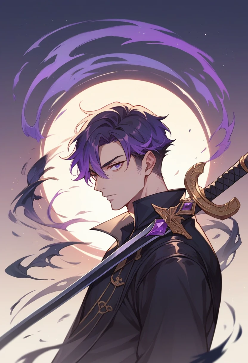 アニメ, best qualityer, white male, purple gradient hair, adventurous, Eye Brown, with black sword