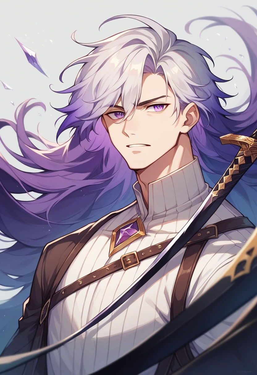 アニメ, best qualityer, white male, purple gradient hair, adventurous, Eye Brown, with black sword