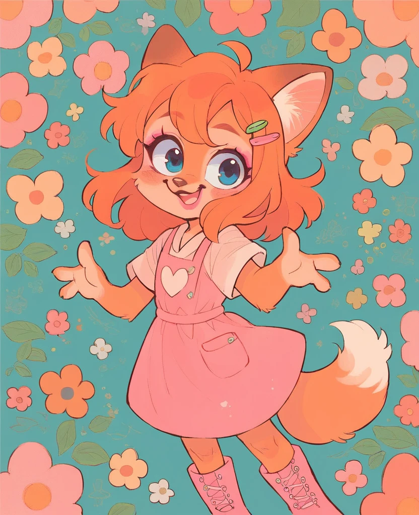 little fox, ??? girl fox, ginger hair, ginger fur, blue eyes, cute ???, 4 fingers, ???, pink cute dress dress, pink makeup, pink lipstick, hair clips, pink boots, pentyhose, alone