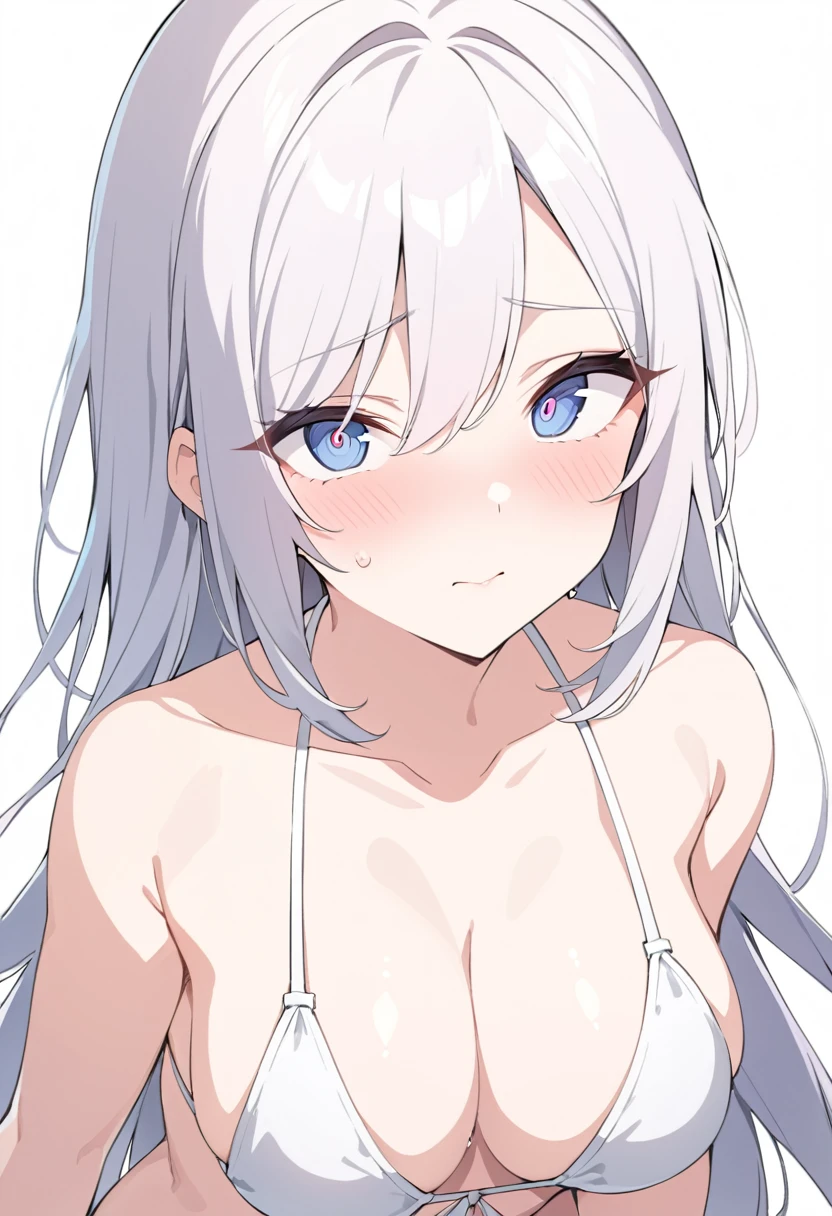 masterpiece, High resolution, perfect face, Japan beauties, 30 years old, beautiful face, white simple background, sexy bikini, embarrassed look, look at the camera, (top quality eyes), detailed texture, Look at me, Married woman, cool women, ((high resolution eyes)), hentai