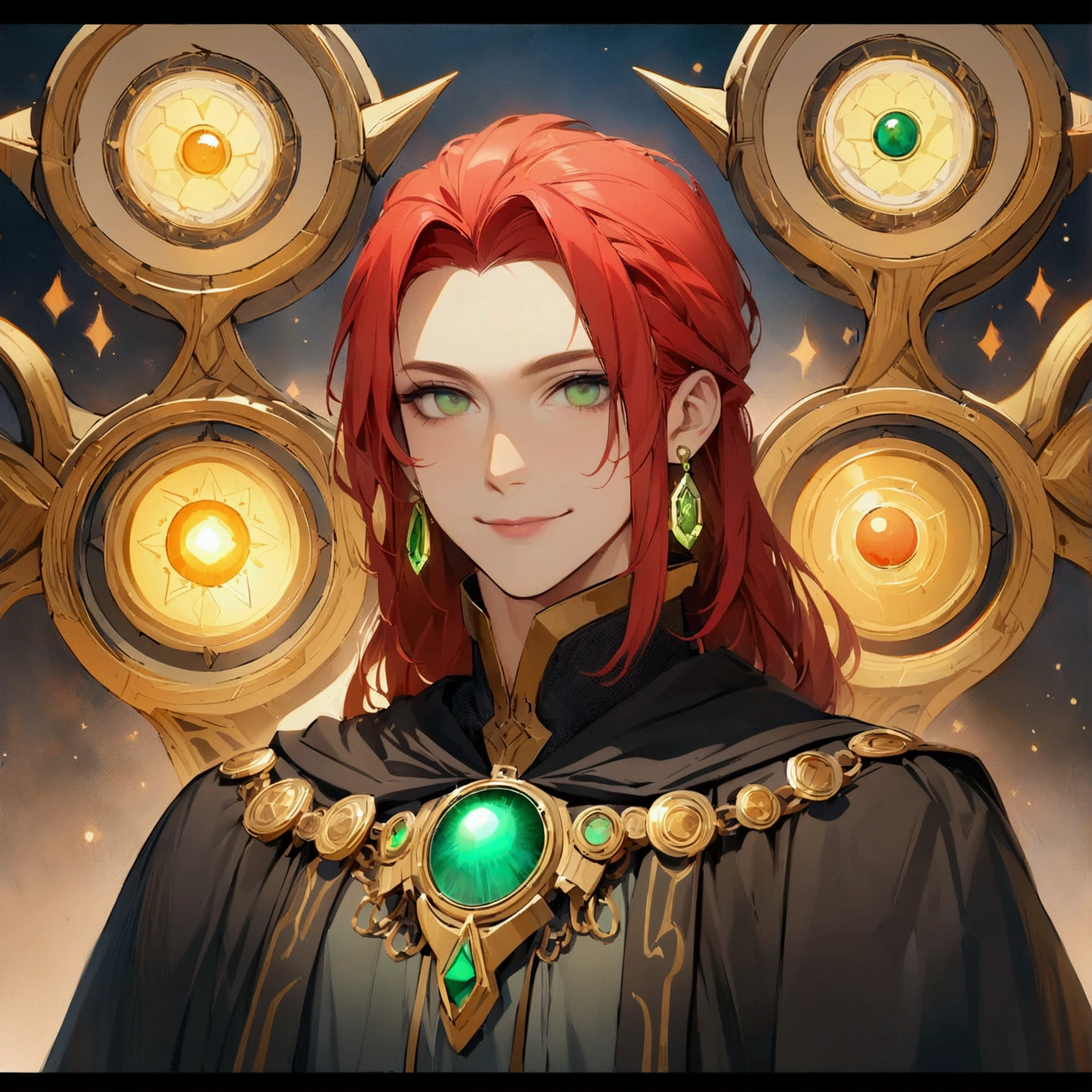 Male, strong and robust body, long red hair, green eyes, chain mail, green earrings, solar amulet, cleric's robe, calm expression, calm smile "dnd character portrait, insanely detailed, 4k resolution, high octane rendering, boasting high resolution clarity, magical and intricate backgrounds, dramatic and stunning lighting, full of creative details, in the style of disco elysium –s 750 –v 5.1"