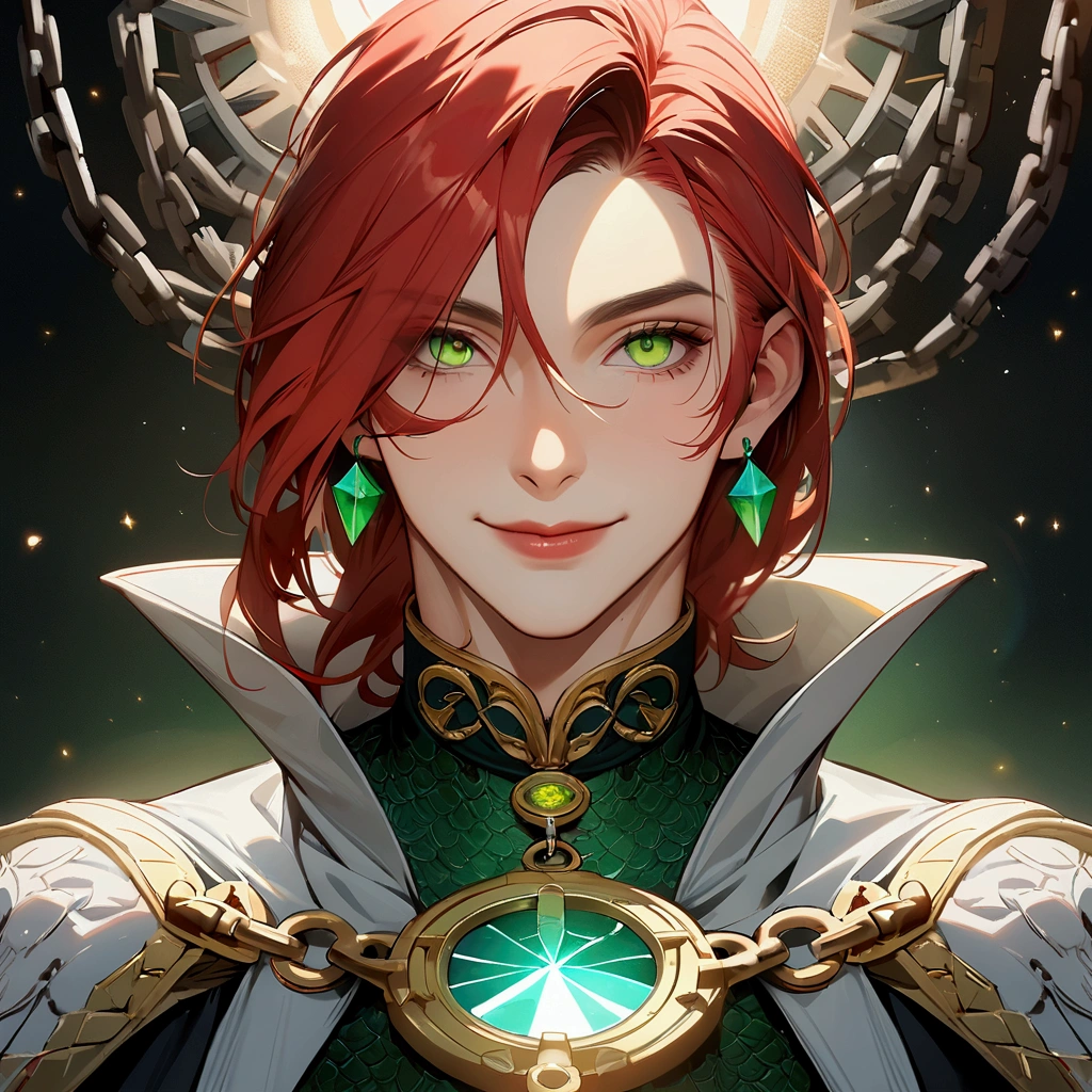 Male, strong and robust body, long red hair, green eyes, chain mail, green earrings, solar amulet, cleric's robe, calm expression, calm smile "dnd character portrait, insanely detailed, 4k resolution, high octane rendering, boasting high resolution clarity, magical and intricate backgrounds, dramatic and stunning lighting, full of creative details, in the style of disco elysium –s 750 –v 5.1"