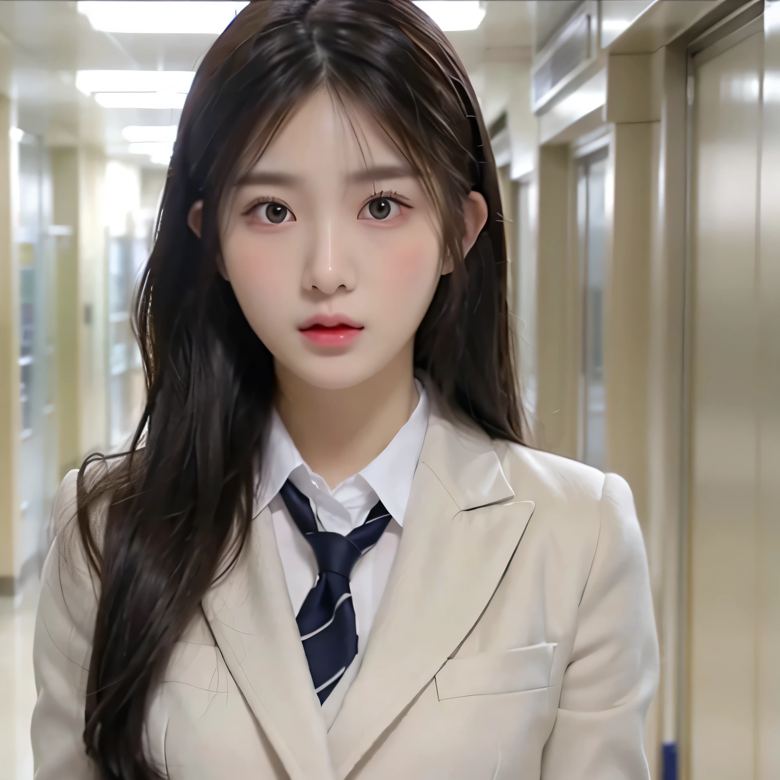 Beautiful girl, wearing a school uniform, white clothes, black trousers and gray coat, angry expression, bad girl expression, oval layered hair, background in the school hallway, korean face girl, breast size is quite large