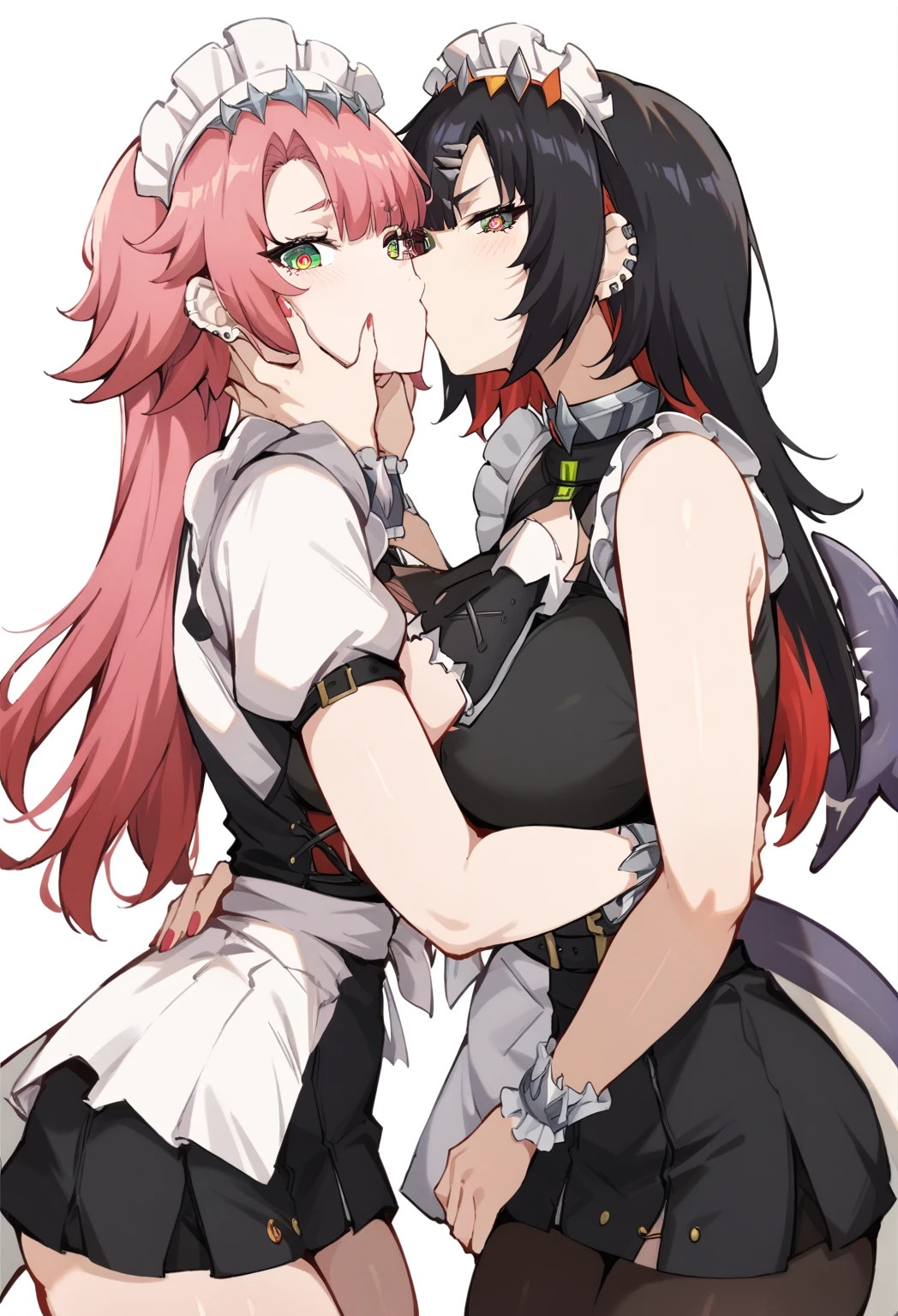 two woman kissing, 8k, best quality, masterpiece, (ultra-detailed:1.1), (one green eye:1.3), (high detailed skin), (full body:1.2), white background, standing, looking at viewer, (solo:1.4), hand on hip, nike, 1girl, large breasts, hair ribbon, twintails, pink hair, tube top, midriff, black shorts, (single thighhigh:1.2), (white background, simple background:1.4), ( good hands, nice hands:0.5), (beautiful_face), ((intricate_detail)), clear face, ((finely_detailed)), fine_fabric_emphasis, ((glossy)), full_shot, ellenjoe, ellen joe, black hair, colored inner hair, multicolored hair, (one red eye:1.3), red hair, short hair, two-tone hair, BREAK bapron, black pantyhose, black shirt, black skirt, ear piercing, fins, fish tail, maid, maid apron, maid headdress, pantyhose, piercing, puffy short sleeves, puffy sleeves, shark girl, shark tail, shirt, short sleeves, skirt, tail, two-tone hair, wrist cuffs, BREAK outdoors, city, sky, clouds, sun, park BREAK looking at viewer, (cowboy shot:1.5), BREAK (masterpiece:1.2), best quality, high resolution, unity 8k wallpaper, (illustration:0.8), (beautiful detailed eyes:1.6), extremely detailed face, perfect lighting, extremely detailed CG, (perfect hands, perfect anatomy)
