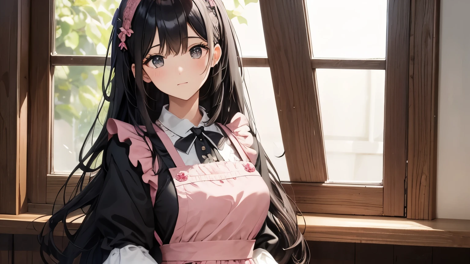 A beautiful woman wearing a pink apron dress with lots of frills and lace Long black hair with hair ornament Upper Body