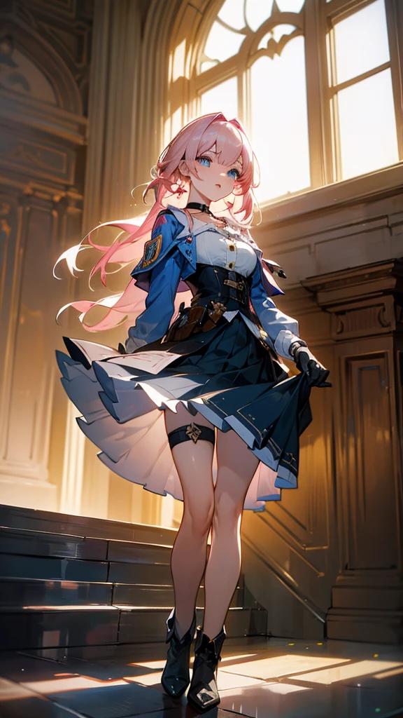 a beautiful young woman, light pink hair, big blue eyes, ankle boots, archery shooting glove, badge, bare legs, black choker, black corset, black footwear, black gloves, blue jacket, blue skirt, boots, button badge, buttons, choker, collarbone, corset, earrings, flower ornament, gloves, high heel boots, high heels, jacket, jewelry, long sleeves, miniskirt, partially fingerless gloves, pleated skirt, shirt, single earring, single glove, skirt, thigh strap, tied jacket, underbust, white shirt, skirt lift, flipped my skirt, innocent looking, beautiful detailed eyes, beautiful detailed lips, extremely detailed face, long eyelashes, standing in a train station, sunlight streaming through the windows, intricate architectural details, gleaming metal and glass, warm color palette, cinematic lighting, photorealistic, 8k, high quality, detailed