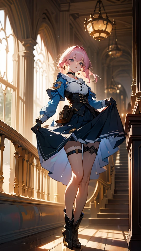 a beautiful young woman, light pink hair,  big blue eyes, ankle boots, archery shooting glove, badge, bare legs, black choker, black corset, black footwear, black gloves, blue jacket, blue skirt, boots, button badge, buttons, choker, collarbone, corset, earrings, flower ornament, gloves, high heel boots, high heels, jacket, jewelry, long sleeves, miniskirt, partially fingerless gloves, pleated skirt, shirt, single earring, single glove, skirt, thigh strap, tied jacket, underbust, white shirt, skirt lift, flipped my skirt, innocent looking, beautiful detailed eyes, beautiful detailed lips, extremely detailed face, long eyelashes, standing in a train station, sunlight streaming through the windows, intricate architectural details, gleaming metal and glass, warm color palette, cinematic lighting, photorealistic, 8k, high quality, detailed