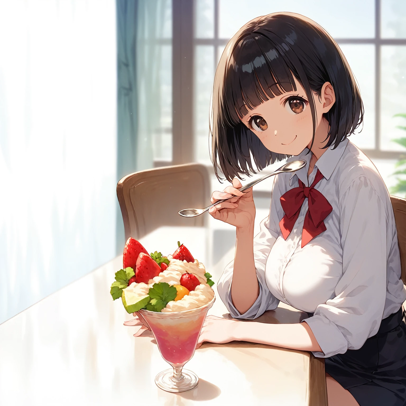 score_9,score_8_up,score_7_up,masterpiece,best quality, source anime, official art, super detailed, extreme detailed, rating_safe,
1girl, sitting, on seat, eating fruit parfait, holding long-handled spoon,
BREAK girl, 22yo, short hair, bob cut, (blunt bangs), black hair, (tareme, detailed cute brown eyes), curled eyelashes, (large breasts:0.9), 
shiny hair, beautiful detailed eyes, beautiful face,
white collared shirt, black tight mini skirt,
happy, smile, 
indoor, Modern Cafe, parfaits on table, 